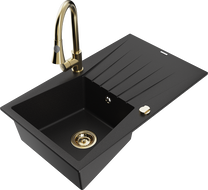 Mexen Cesar 1-compartment granite sink with a drip tray and kitchen mixer tap Elia, Black - 6514-77-670101-50