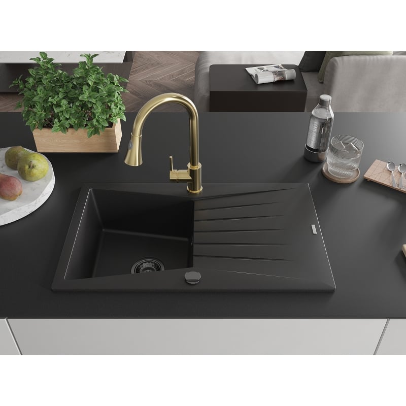 Mexen Cesar 1-bowl granite sink with drainer and Elia kitchen faucet, black - 6514-77-670101-50-B