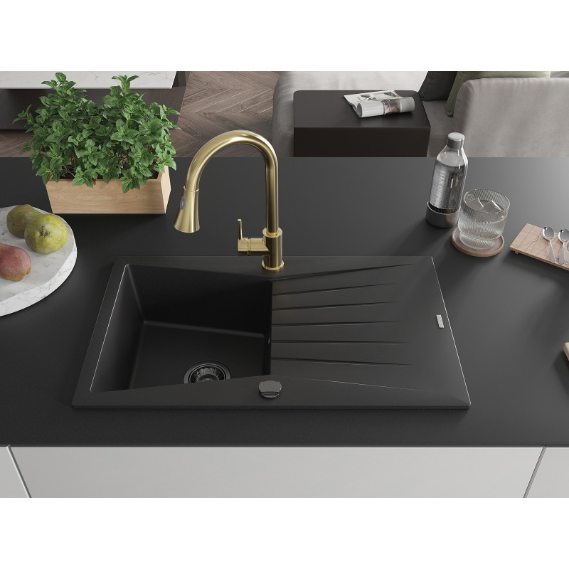 Mexen Cesar granite single-bowl sink with drainer and Elia kitchen faucet, black - 6514-77-670101-50-B