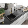 Mexen Cesar 1-bowl granite sink with drainer and Elia kitchen faucet, black - 6514-77-670101-50-B