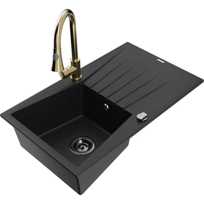 Mexen Cesar 1-bowl granite sink with drainer and Elia kitchen faucet, black - 6514-77-670101-50-B