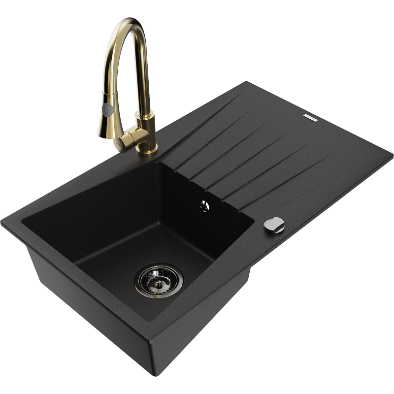 Mexen Cesar 1-compartment granite sink with a drip tray and kitchen mixer tap Elia, Black - 6514-77-670101-50-B