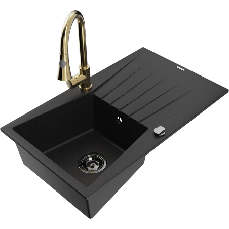 Mexen Cesar 1-bowl granite sink with drainer and Elia kitchen faucet, black - 6514-77-670101-50-B