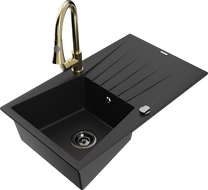 Mexen Cesar granite single-bowl sink with drainer and Elia kitchen faucet, black - 6514-77-670101-50-B