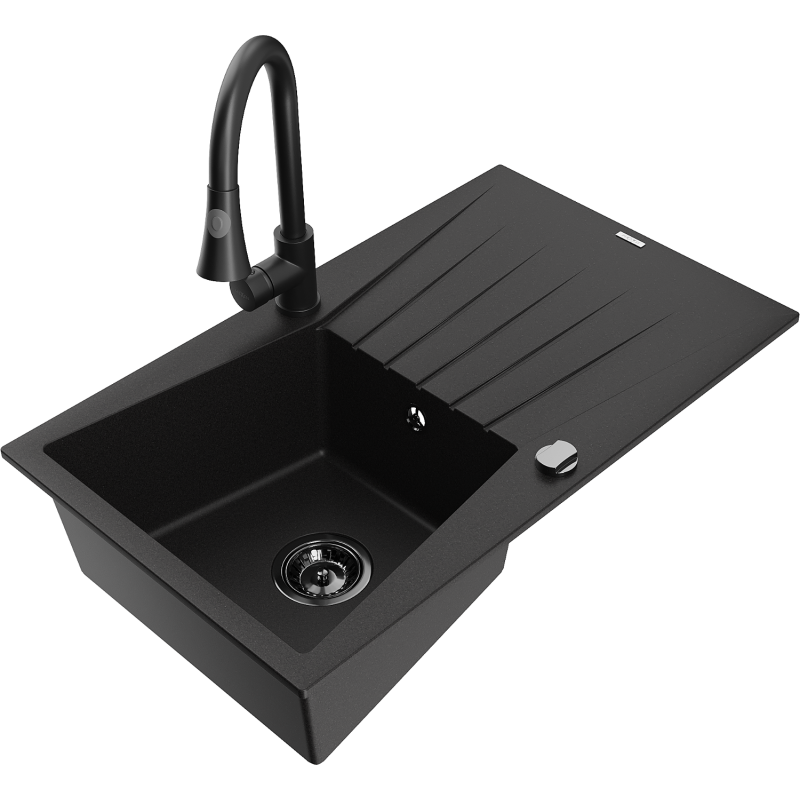 Mexen Cesar 1-compartment granite sink with a drip tray and kitchen mixer tap Elia, Black - 6514-77-670101-70-B
