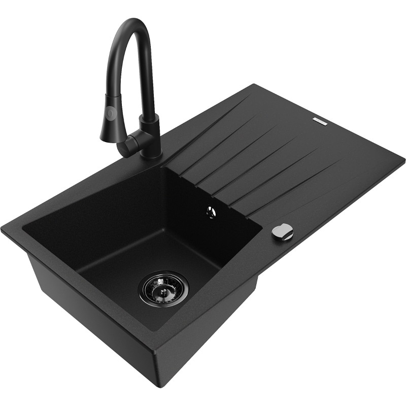 Mexen Cesar granite sink 1-bowl with drainer and kitchen faucet Elia, black - 6514-77-670101-70-B