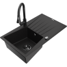 Mexen Cesar granite sink 1-bowl with drainer and Elia kitchen faucet, black - 6514-77-670101-70-B