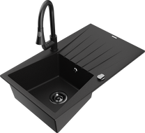 Mexen Cesar granite sink 1-bowl with drainer and kitchen faucet Elia, black - 6514-77-670101-70-B