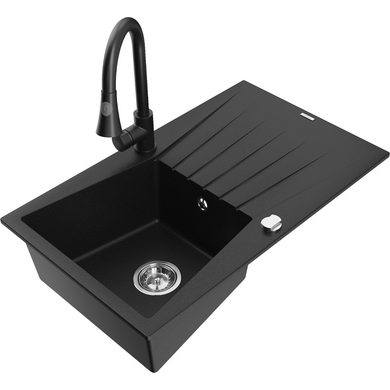 Mexen Cesar 1-bowl granite sink with drainer and kitchen faucet Elia, black - 6514-77-670101-70