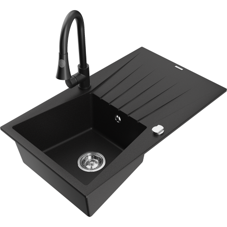 Mexen Cesar granite kitchen sink 1-bowl with drainer and Elia kitchen faucet, black - 6514-77-670101-70