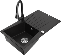 Mexen Cesar 1-compartment granite sink with a drip tray and kitchen mixer tap Elia, Black - 6514-77-670101-70