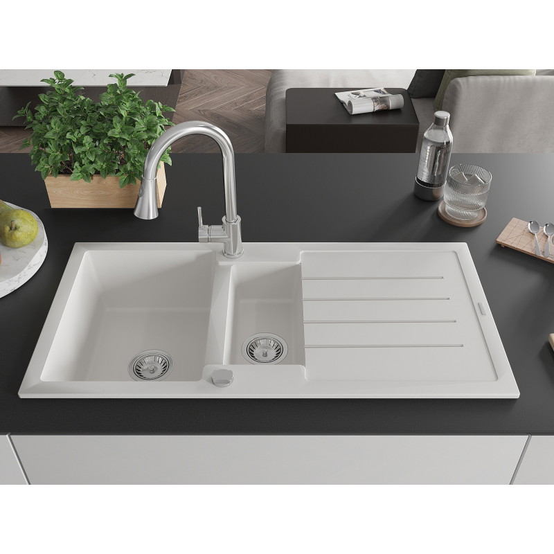 Mexen Andres granite sink 1.5-bowl with drainer and kitchen faucet Elia, white - 6515-20-670101-00