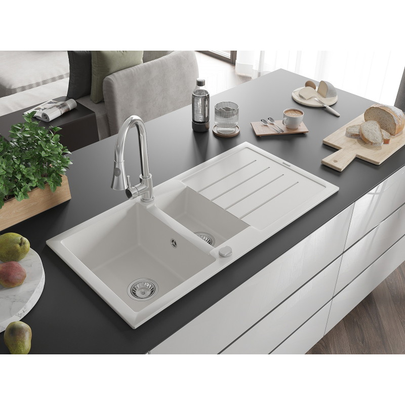 Mexen Andres granite sink 1.5-bowl with drainer and kitchen faucet Elia, white - 6515-20-670101-00