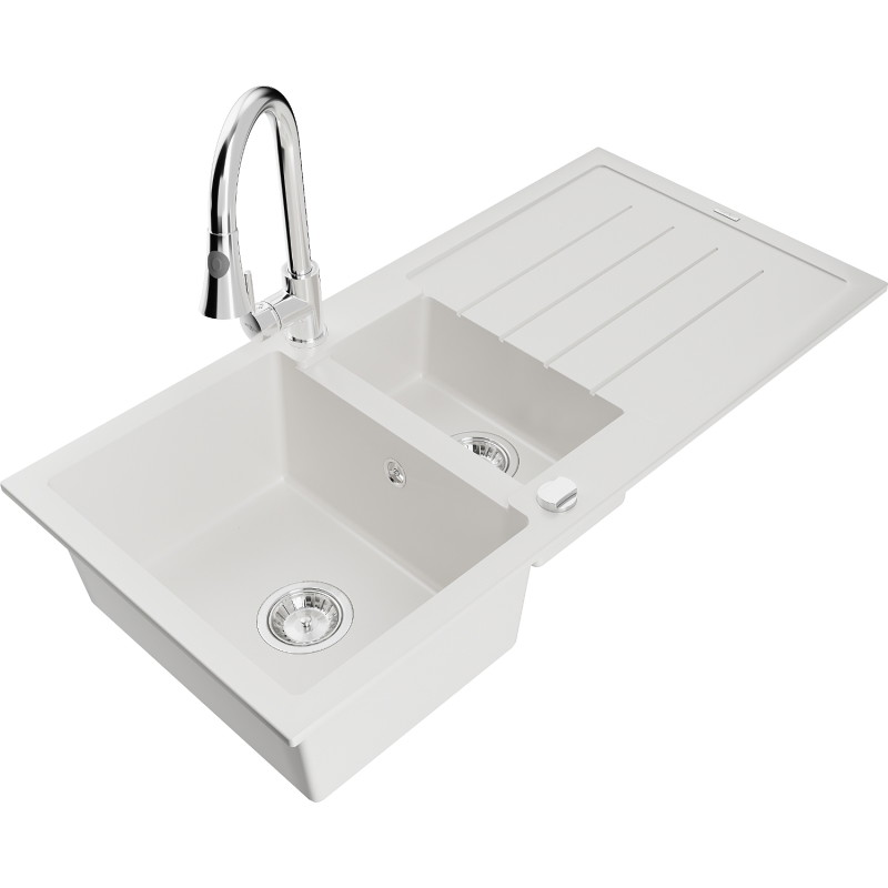 Mexen Andres granite sink 1.5-bowl with drainer and Elia kitchen faucet, white - 6515-20-670101-00