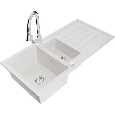 Mexen Andres granite sink 1.5-bowl with drainer and kitchen faucet Elia, white - 6515-20-670101-00