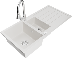 Mexen Andres 1.5-compartment granite sink with a drip tray and kitchen mixer tap Elia, White - 6515-20-670101-00