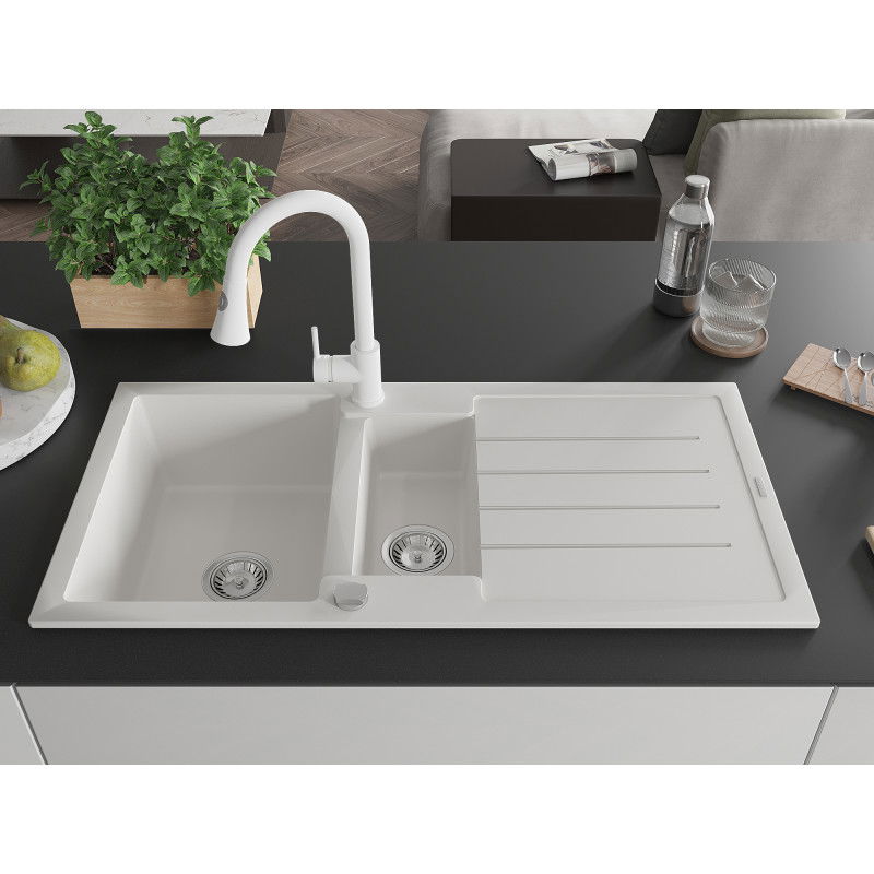 Mexen Andres 1.5-bowl granite kitchen sink with drainer and Elia kitchen tap, white - 6515-20-670101-20