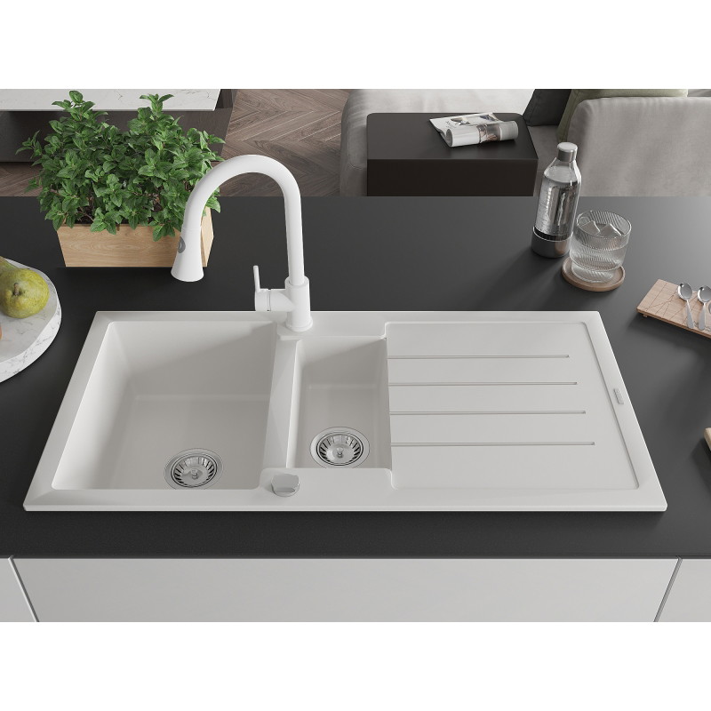 Mexen Andres granite sink 1.5-bowl with drainer and kitchen faucet Elia, white - 6515-20-670101-20