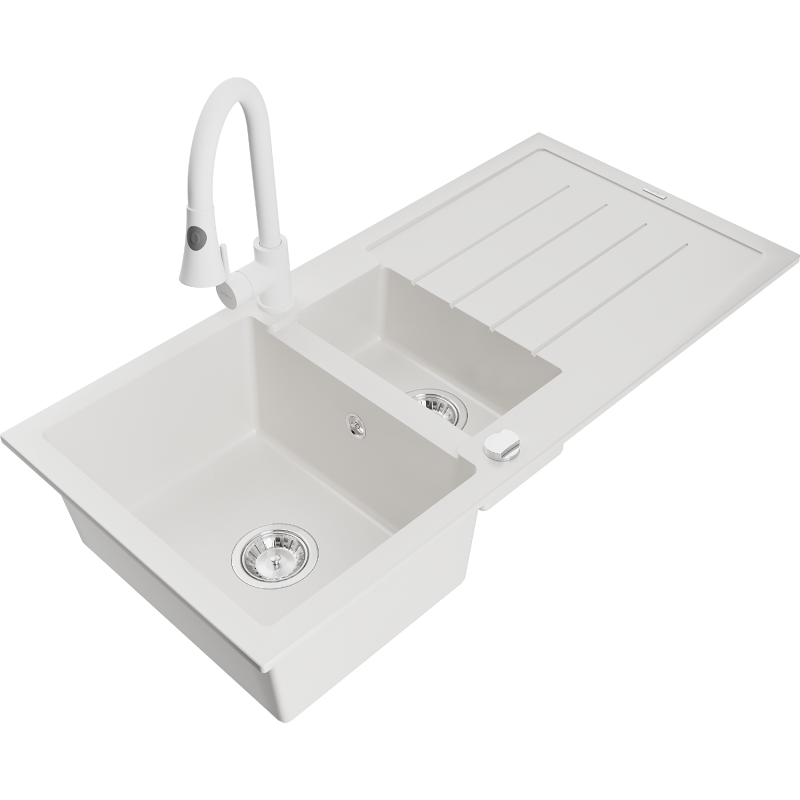 Mexen Andres 1.5-bowl granite kitchen sink with drainer and Elia kitchen tap, white - 6515-20-670101-20