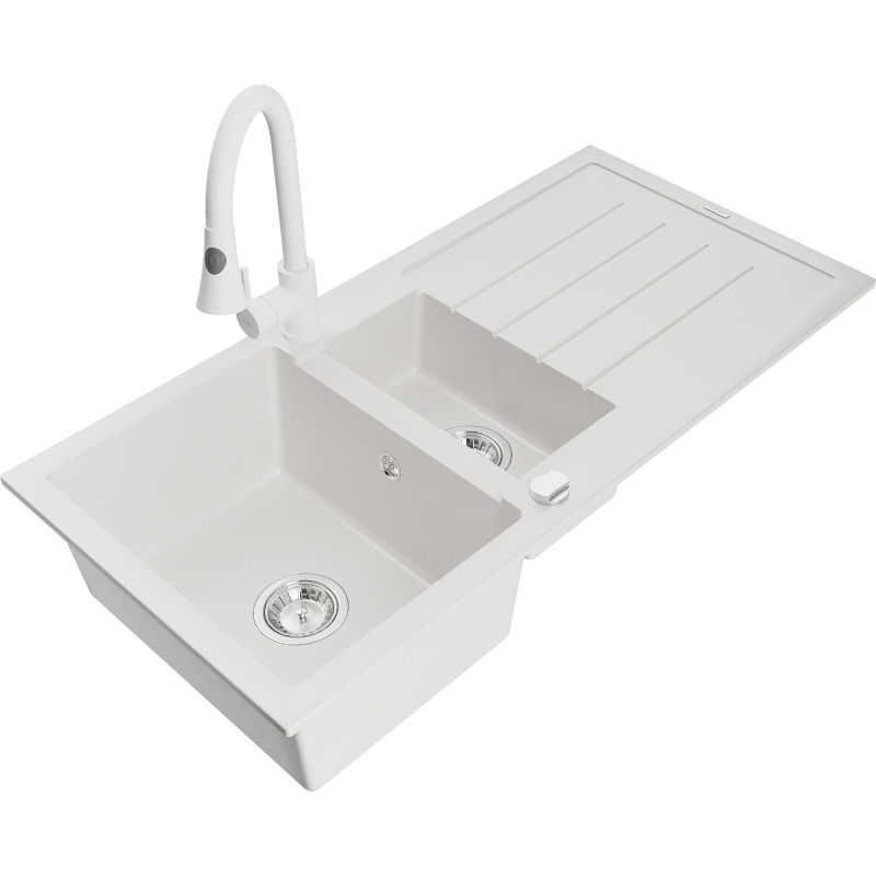 Mexen Andres granite sink 1.5-bowl with drainer and kitchen faucet Elia, white - 6515-20-670101-20