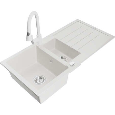 Mexen Andres 1.5-bowl granite kitchen sink with drainer and Elia kitchen tap, white - 6515-20-670101-20