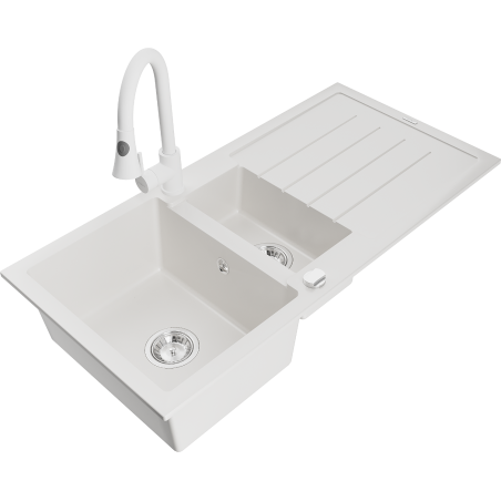 Mexen Andres granite sink 1.5-bowl with drainer and kitchen faucet Elia, white - 6515-20-670101-20
