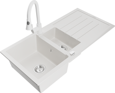 Mexen Andres granite sink 1.5-bowl with drainer and kitchen faucet Elia, white - 6515-20-670101-20