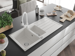 Mexen Andres granite sink 1.5-bowl with drainer and kitchen faucet Elia, white - 6515-20-670101-20