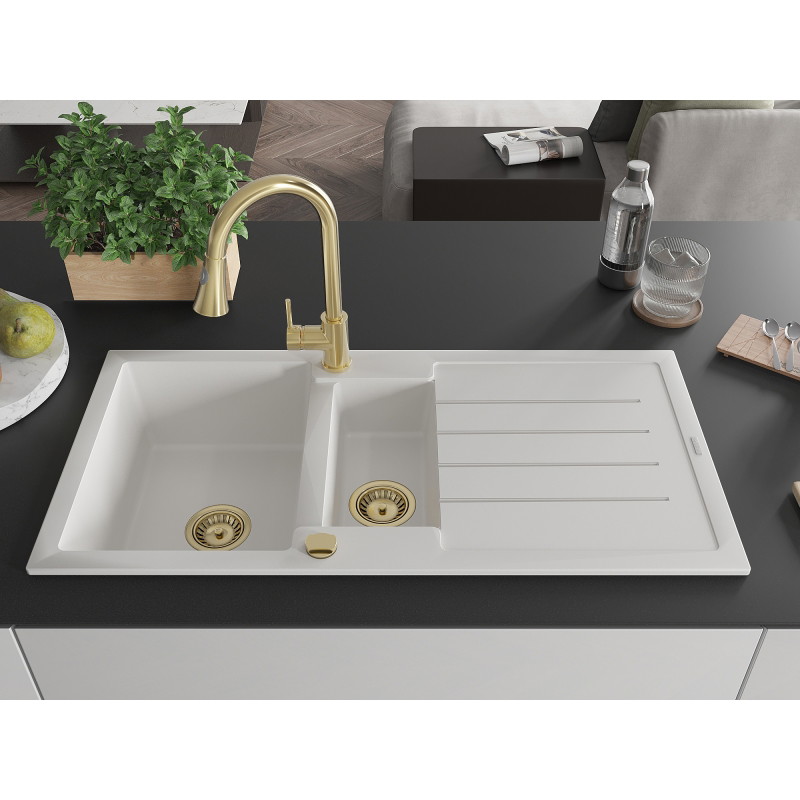 Mexen Andres granite sink 1.5-bowl with drainer and Elia kitchen faucet, white - 6515-20-670101-50