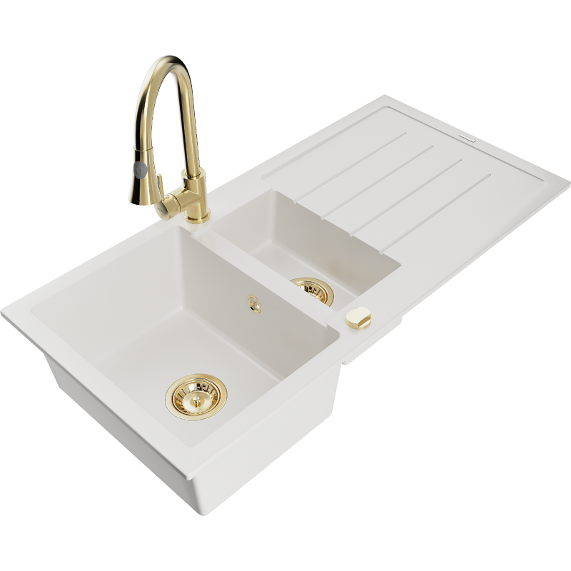 Mexen Andres 1.5-bowl granite sink with drainer and Elia kitchen tap, white - 6515-20-670101-50