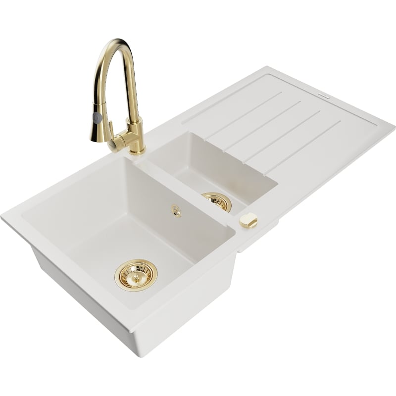Mexen Andres granite sink 1.5-bowl with drainer and Elia kitchen faucet, white - 6515-20-670101-50