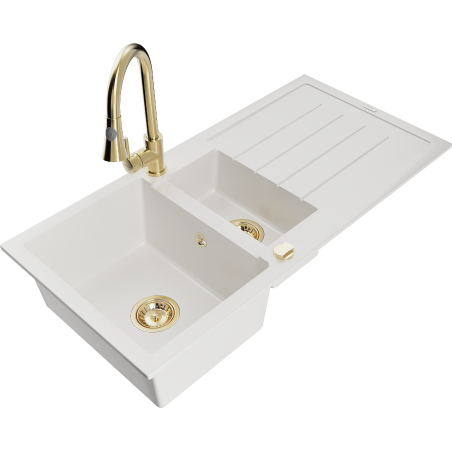 Mexen Andres 1.5-compartment granite sink with a drip tray and kitchen mixer tap Elia, White - 6515-20-670101-50