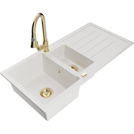 Mexen Andres granite sink 1.5-bowl with drainer and kitchen faucet Elia, white - 6515-20-670101-50