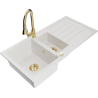 Mexen Andres granite sink 1.5-bowl with drainer and kitchen faucet Elia, white - 6515-20-670101-50
