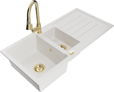 Mexen Andres 1.5-compartment granite sink with a drip tray and kitchen mixer tap Elia, White - 6515-20-670101-50