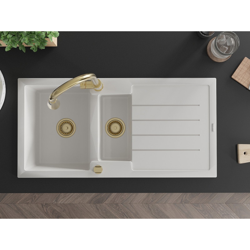 Mexen Andres granite sink 1.5-bowl with drainer and kitchen faucet Elia, white - 6515-20-670101-50