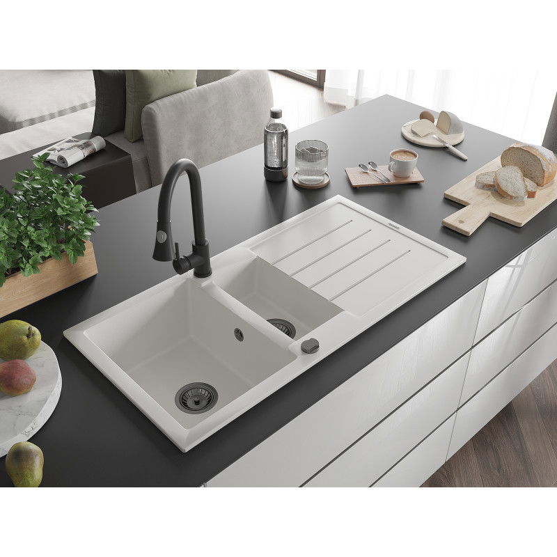 Mexen Andres 1.5-bowl granite sink with drainer and Elia kitchen tap, white - 6515-20-670101-70
