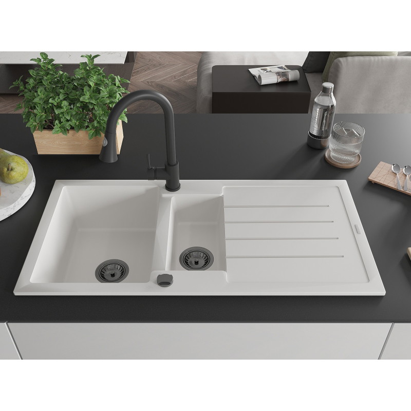 Mexen Andres granite sink 1.5-bowl with drainer and Elia kitchen faucet, white - 6515-20-670101-70