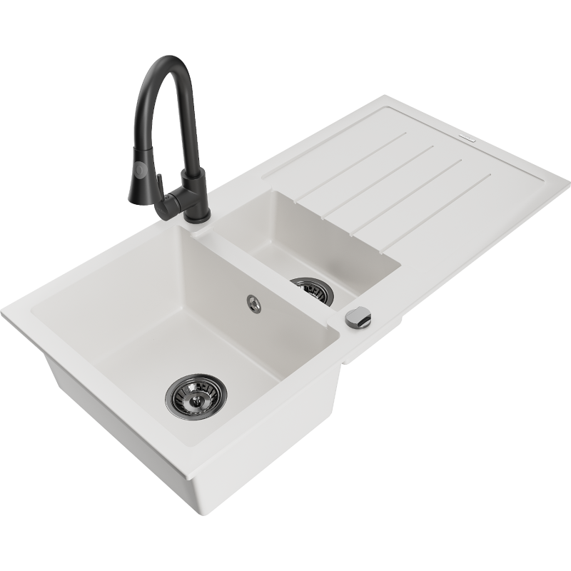 Mexen Andres 1.5-bowl granite sink with drainer and Elia kitchen tap, white - 6515-20-670101-70