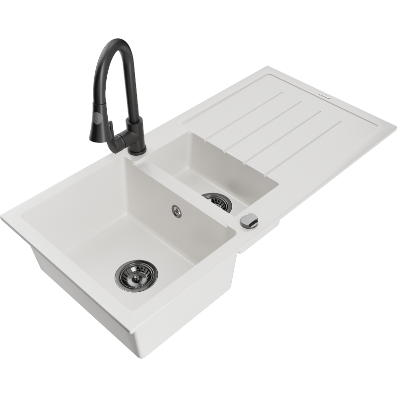 Mexen Andres 1.5-compartment granite sink with a drip tray and kitchen mixer tap Elia, White - 6515-20-670101-70