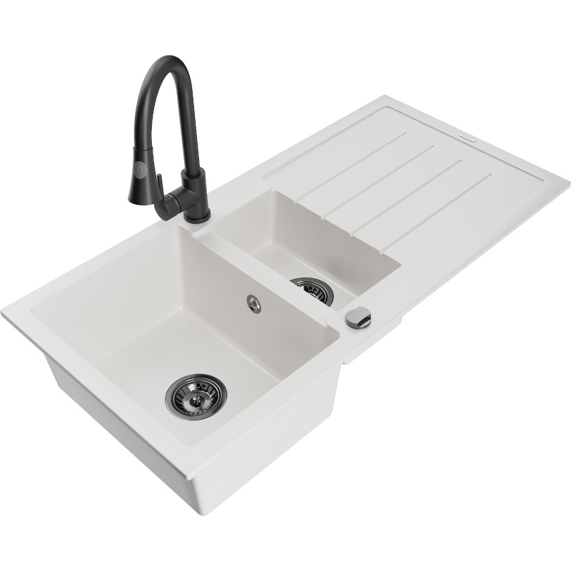 Mexen Andres granite kitchen sink 1.5-bowl with drainer and Elia kitchen faucet, white - 6515-20-670101-70