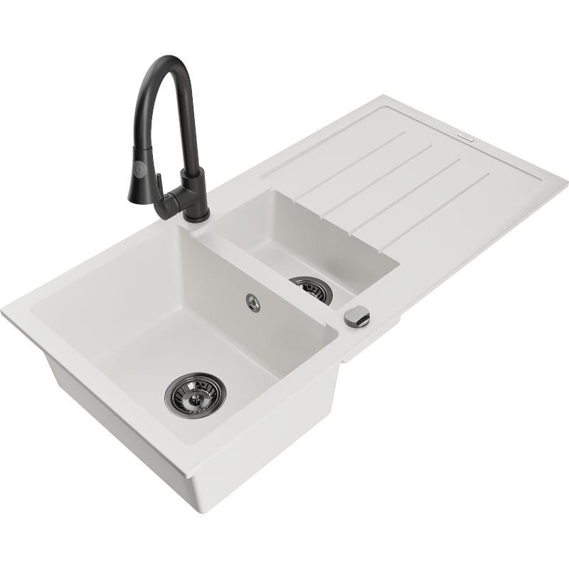 Mexen Andres granite sink 1.5-bowl with drainer and Elia kitchen faucet, white - 6515-20-670101-70