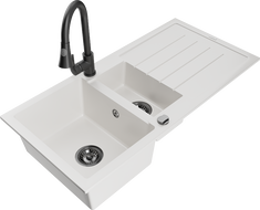 Mexen Andres granite kitchen sink 1.5-bowl with drainer and Elia kitchen faucet, white - 6515-20-670101-70