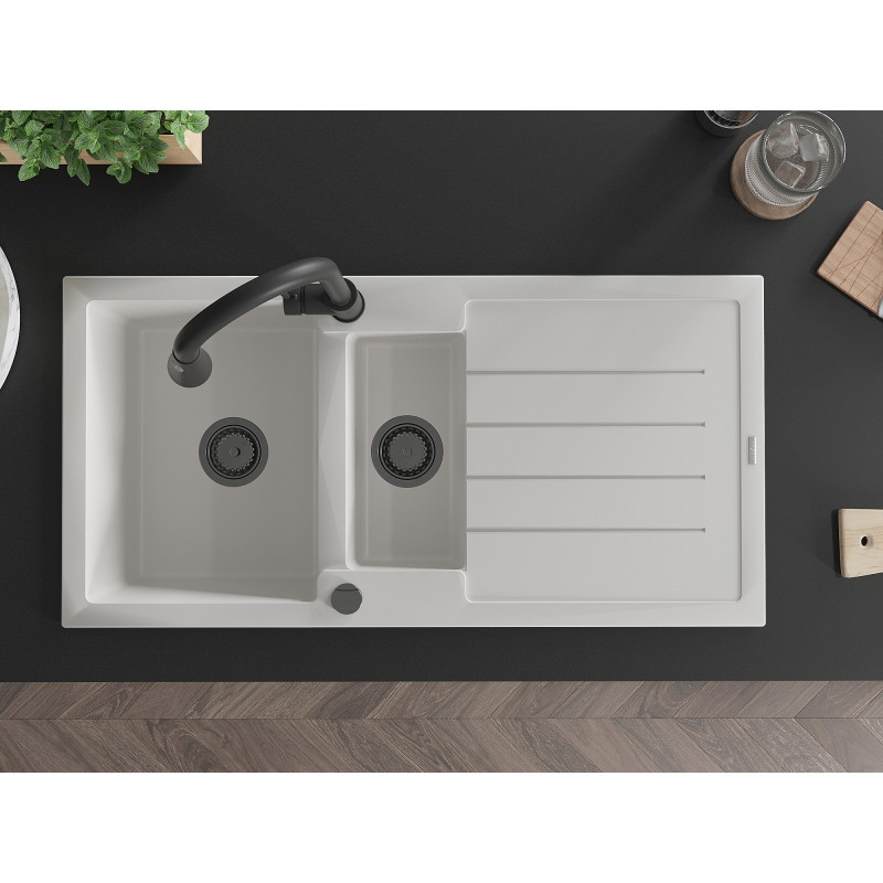 Mexen Andres granite sink 1.5-bowl with drainer and Elia kitchen faucet, white - 6515-20-670101-70