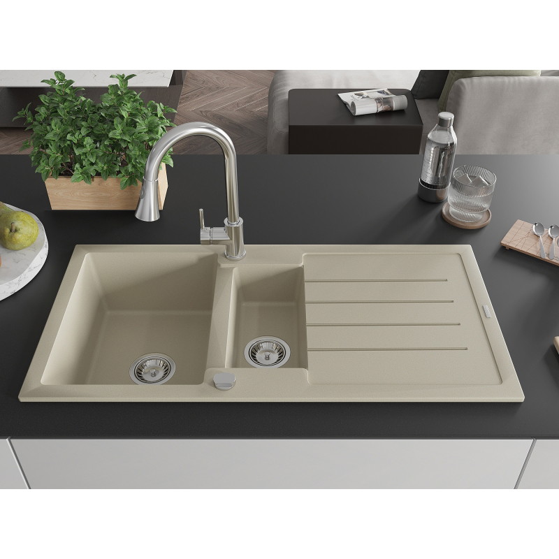 Mexen Andres granite kitchen sink 1.5-bowl with drainer and Elia faucet, beige - 6515-69-670101-00