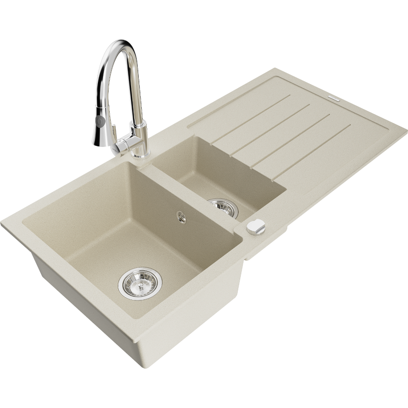 Mexen Andres 1.5-compartment granite sink with a drip tray and kitchen mixer tap Elia, Beige - 6515-69-670101-00