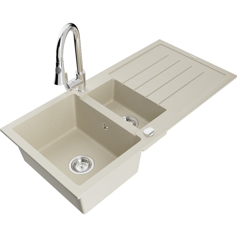 Mexen Andres granite kitchen sink 1.5-bowl with drainer and Elia faucet, beige - 6515-69-670101-00