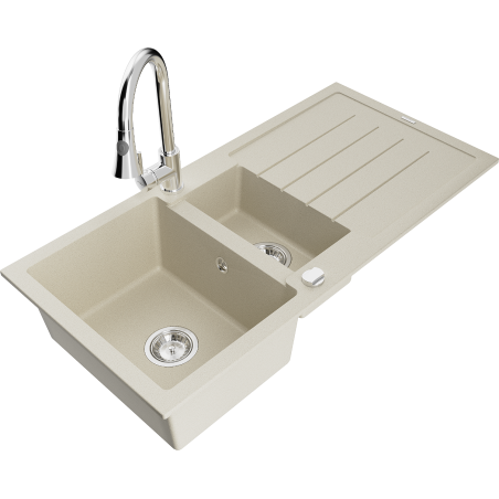 Mexen Andres granite kitchen sink 1.5-bowl with drainer and Elia faucet, beige - 6515-69-670101-00