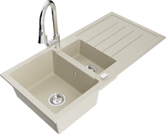 Mexen Andres granite kitchen sink 1.5-bowl with drainer and Elia faucet, beige - 6515-69-670101-00