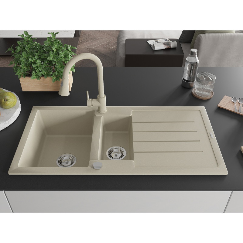 Mexen Andres granite sink 1.5-bowl with drainer and Elia kitchen faucet, beige - 6515-69-670101-69